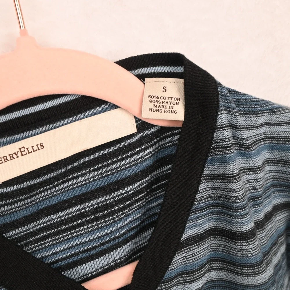 Perry Ellis Sweater Mens Small Blue Striped V-Neck Cotton Rayon Long Sleeve